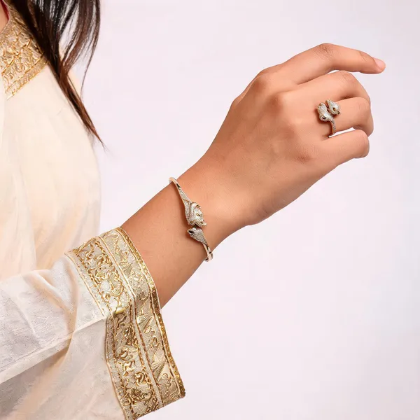 Gold_Studded_Double_Animal_Head_Cuff_Bangle_And_Ring_Set