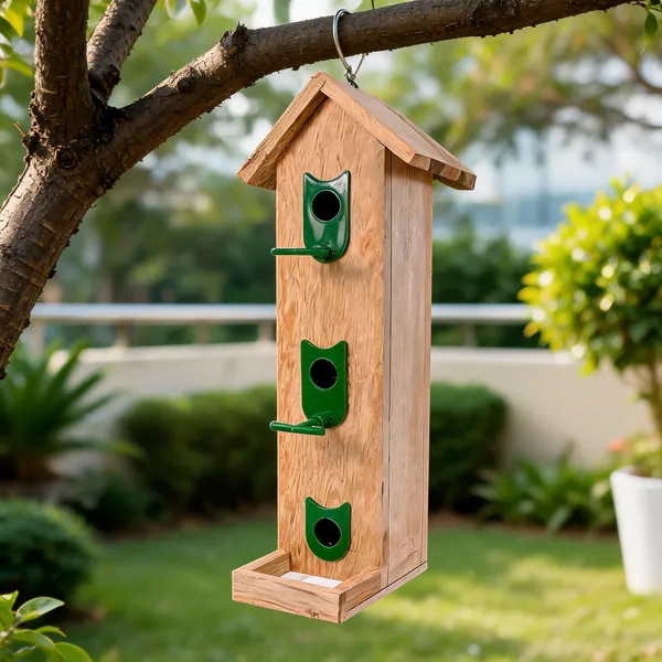 Brown_Wood_Wall_Mount_Bird_Feeder_Sloped_Roof_Three_Nozzles
