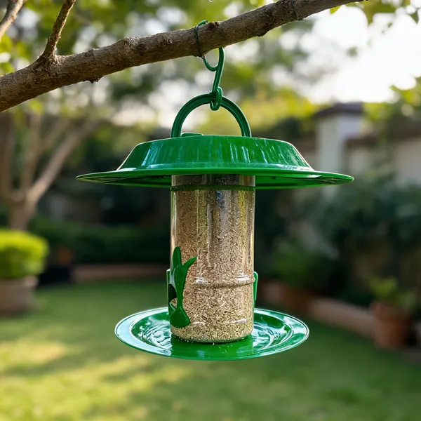 Green_Plastic_Hanging_Hut_Style_Bird_Feeder_With_Tray