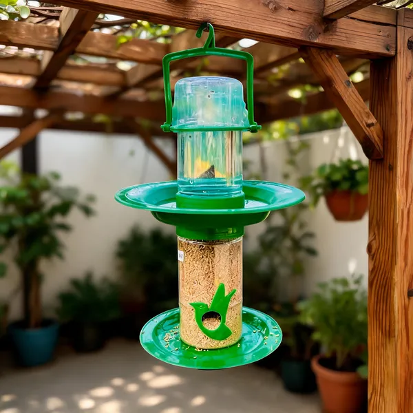 Green_Plastic_Hanging_Double_Decker_Bird_Feeder_With_Water_Station_Pack_Of_2