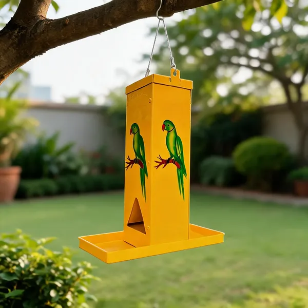 Orange_Metal_Hanging_Bird_Feeder_With_Parrot_Print