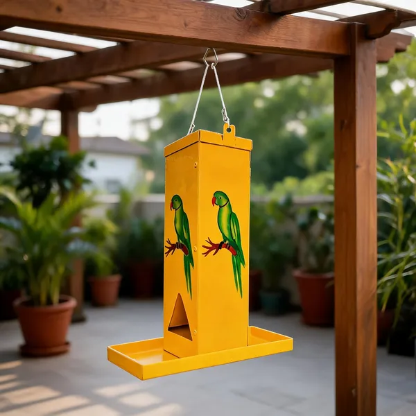 Orange_Metal_Hanging_Bird_Feeder_With_Parrot_Print