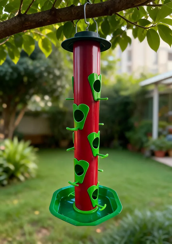 Maroon_And_Green_Iron_Hanging_Cylindrical_Bird_Feeder_Multi_Feeding_Ports