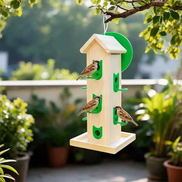 Brown_And_Green_Wood_Hanging_Bird_Feeder_1.5_Kg_Capacity_10_Nozzles
