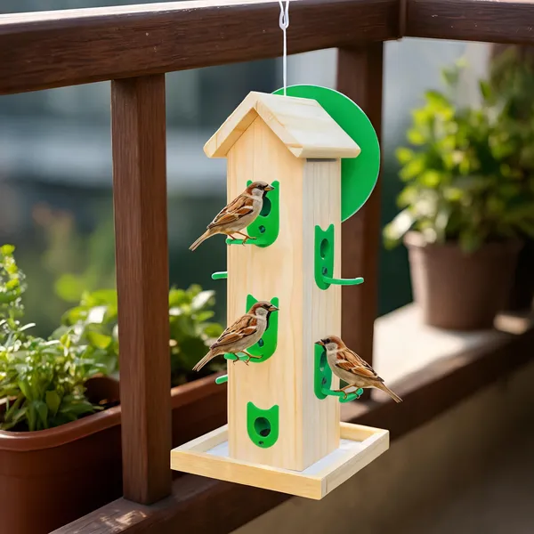 Brown_And_Green_Wood_Hanging_Bird_Feeder_1.5_Kg_Capacity_10_Nozzles
