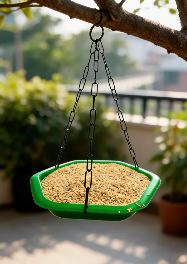 Green_Plastic_Hanging_Bowl_Bird_Feeder_With_Black_Chain