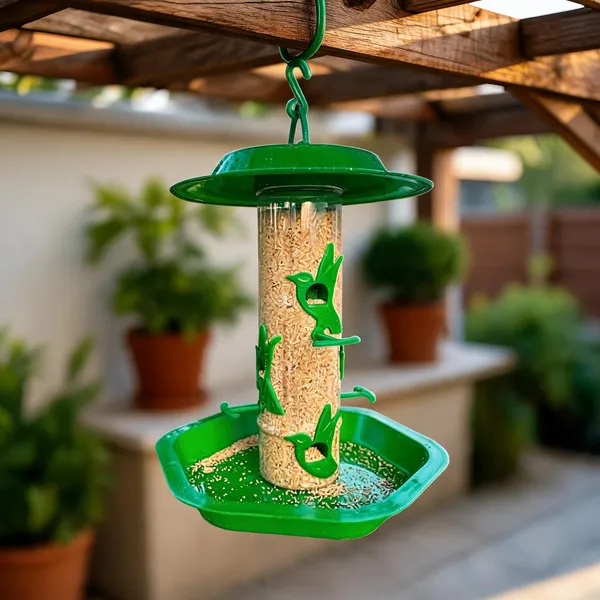 Green_Plastic_Hanging_Cylinder_Bird_Feeder_With_Bowl_Tray