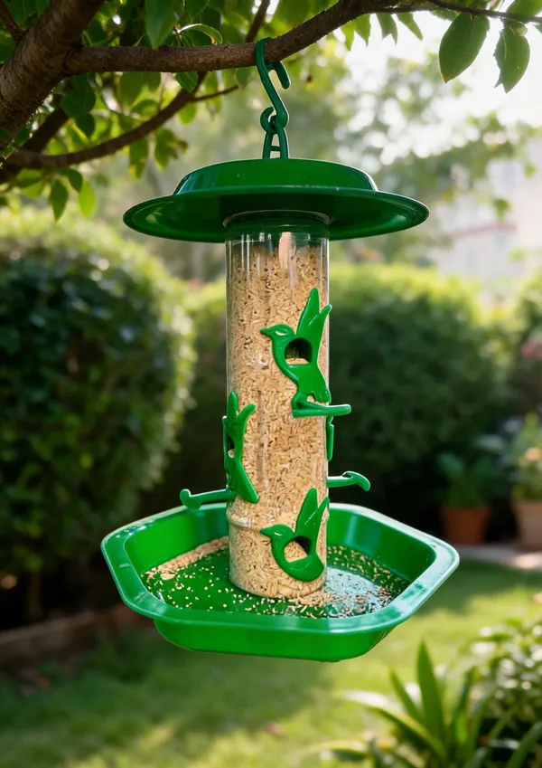 Green_Plastic_Hanging_Cylinder_Bird_Feeder_With_Bowl_Tray