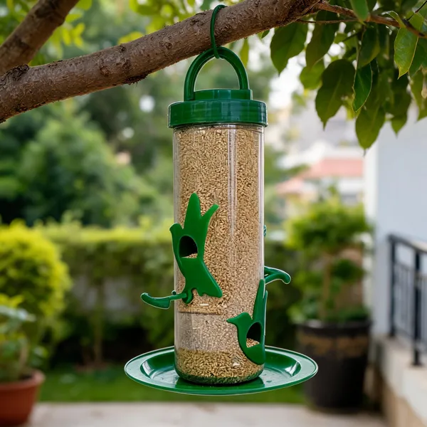 Green_Plastic_Medium_Hanging_Cylindrical_Bird_Feeder_Clear_Tube