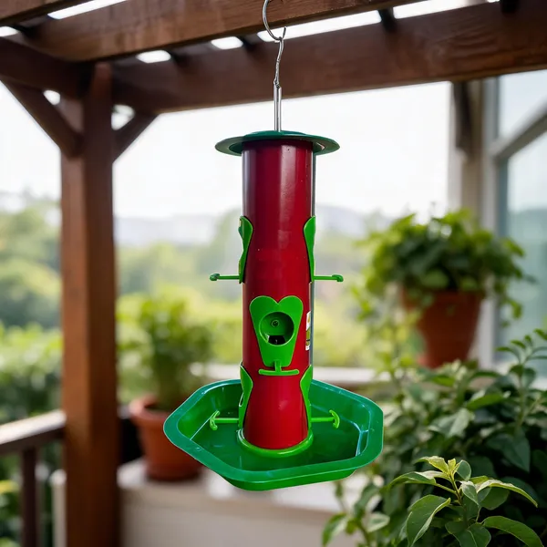 Maroon_And_Green_Iron_Cylindrical_Hanging_Bird_Feeder_With_Tray