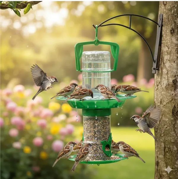 Green_Plastic_Hanging_Double_Decker_Bird_Feeder_With_Water_Station_Pack_Of_2