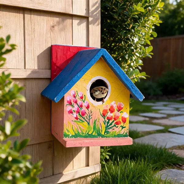 Yellow_And_Blue_Wood_Hut_Shaped_Floral_Painted_Roof_Bird_House