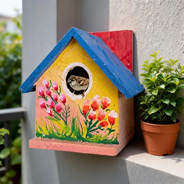 Yellow_And_Blue_Wood_Hut_Shaped_Floral_Painted_Roof_Bird_House