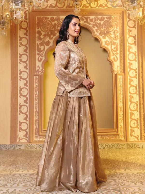 Gold_Georgette_Crush_Fabric_Embroidered_Lehenga_Choli_Top_Skirt_Set_For_Women