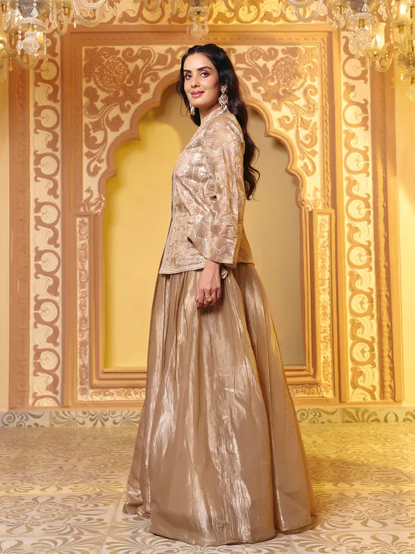 Gold_Georgette_Crush_Fabric_Embroidered_Lehenga_Choli_Top_Skirt_Set_For_Women