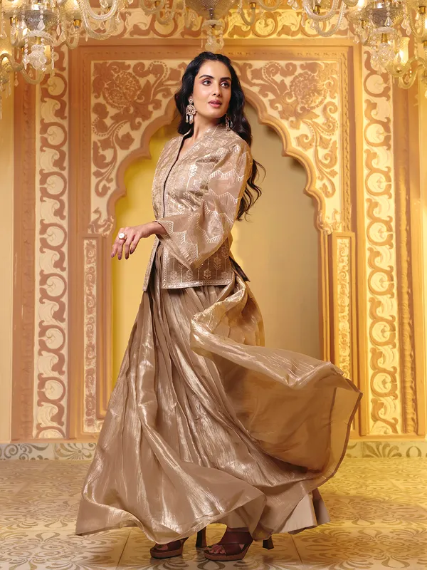 Gold_Georgette_Crush_Fabric_Embroidered_Lehenga_Choli_Top_Skirt_Set_For_Women