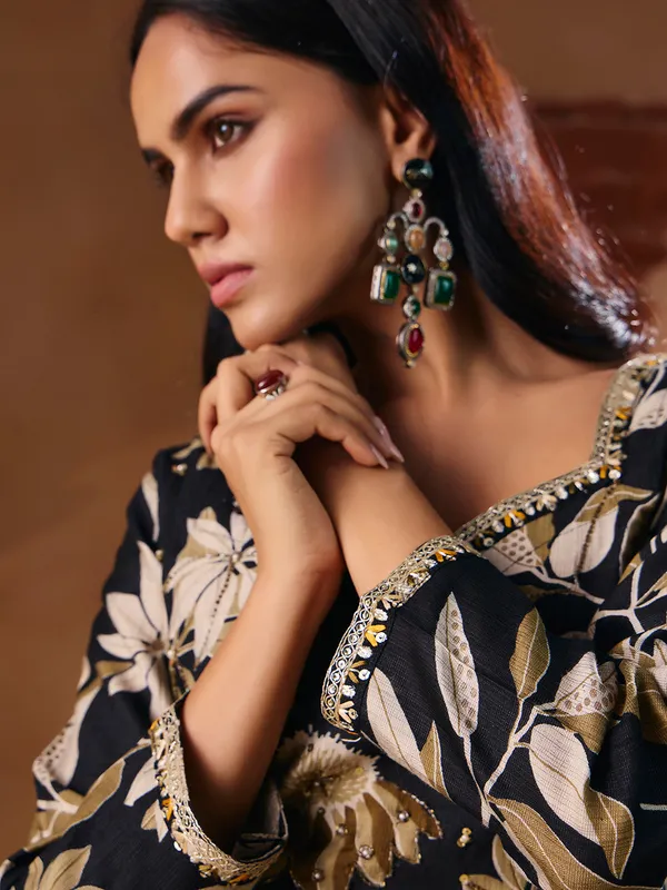 Black_Rayon_Flared_Anarkali_Embroidered_Kurti_Pant_Dupatta_Set_For_Women