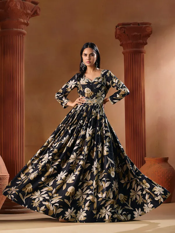 Black_Rayon_Flared_Anarkali_Embroidered_Kurti_Pant_Dupatta_Set_For_Women
