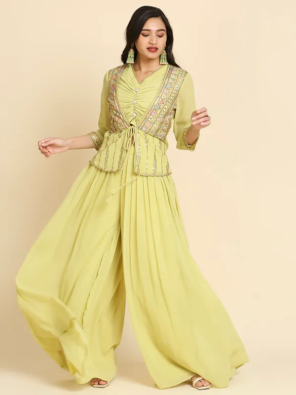 Pear_Yellow_Georgette_Embroidered_Crop_Top_Palazzo_Jacket_Set_For_Women