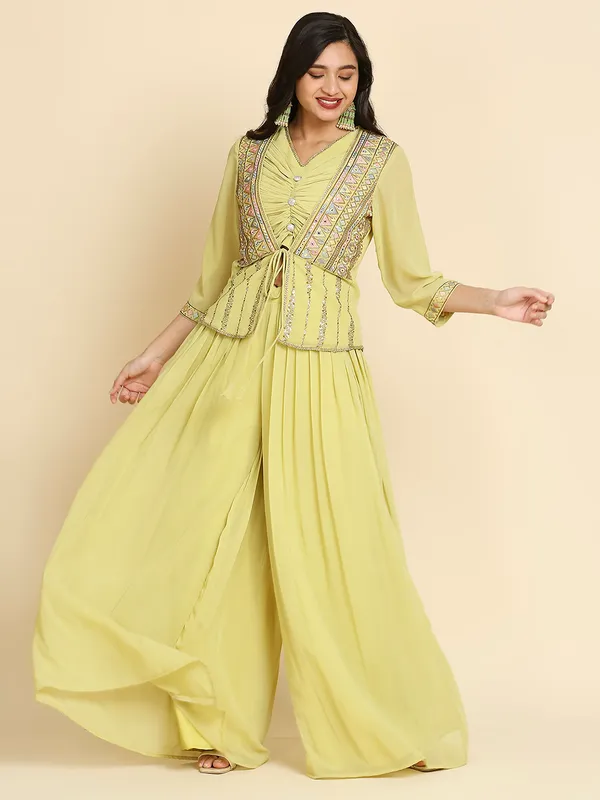 Pear_Yellow_Georgette_Embroidered_Crop_Top_Palazzo_Jacket_Set_For_Women