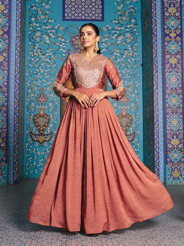Rust_Rayon_Flared_Embroidered_Kurti_Set_For_Women
