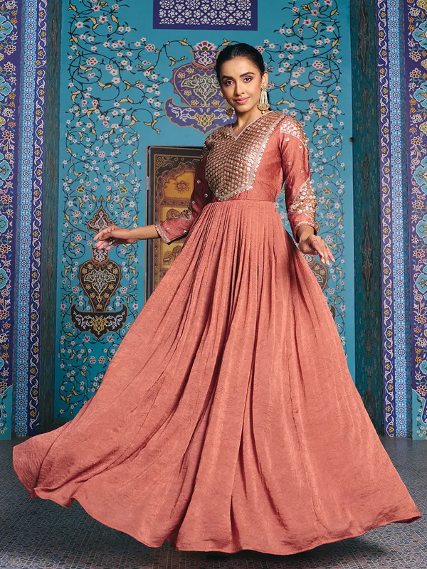 Rust_Rayon_Flared_Embroidered_Kurti_Set_For_Women