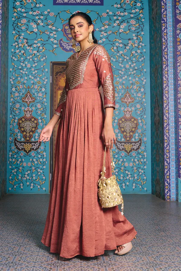 Rust_Rayon_Flared_Embroidered_Kurti_Set_For_Women