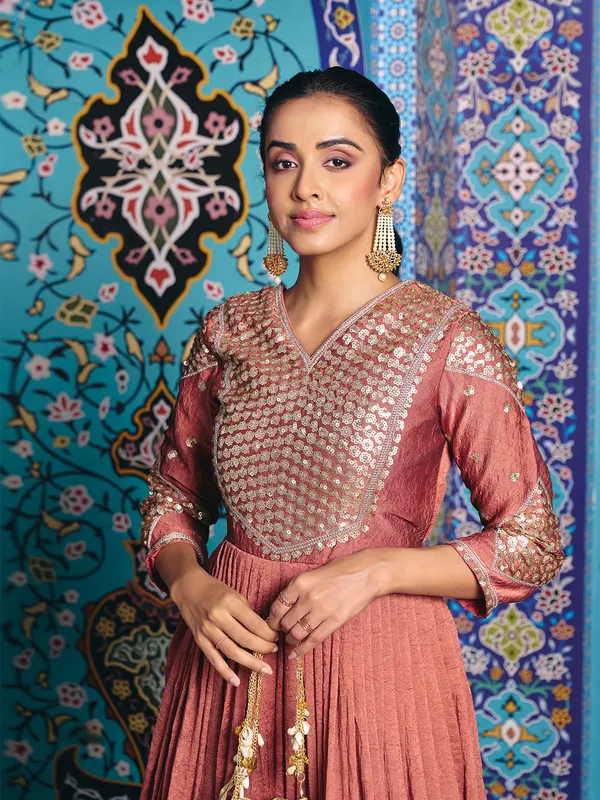 Rust_Rayon_Flared_Embroidered_Kurti_Set_For_Women