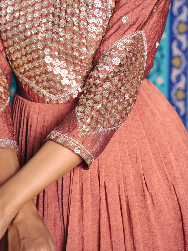Rust_Rayon_Flared_Embroidered_Kurti_Set_For_Women