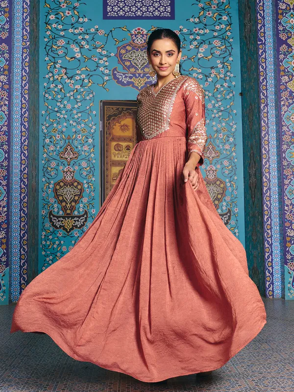 Rust_Rayon_Flared_Embroidered_Kurti_Set_For_Women