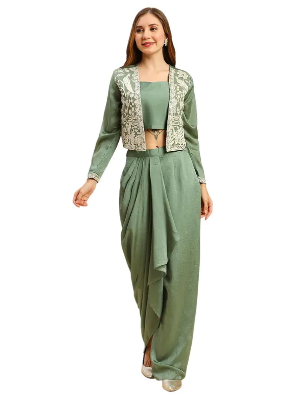 Green_Vichitra_Silk_Embroidered_Crop_Top_Dhoti_Skirt_Koti_Set_For_Women