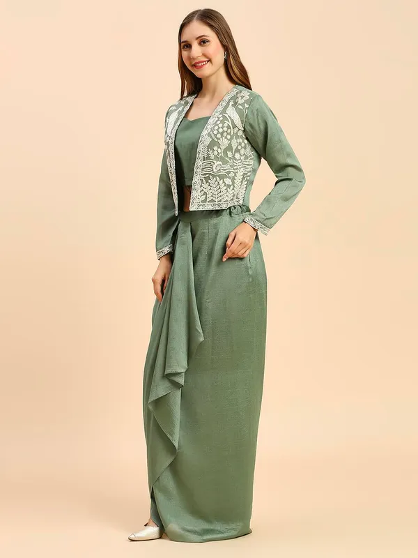 Green_Vichitra_Silk_Embroidered_Crop_Top_Dhoti_Skirt_Koti_Set_For_Women