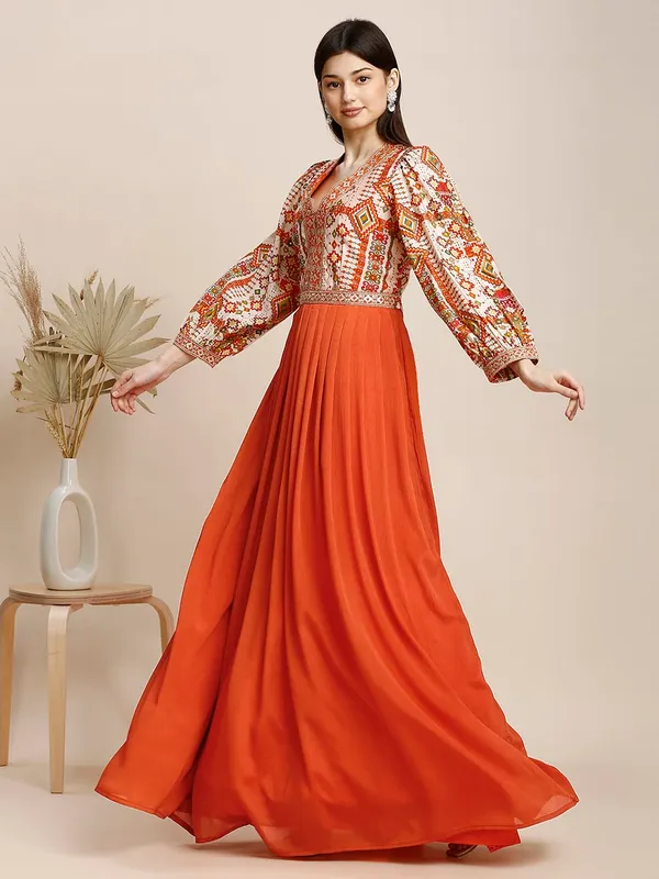 Orange_Chinon_Embroidery_Flared_Long_Gown_For_Women