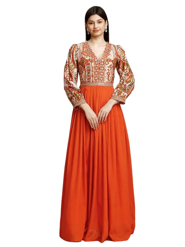 Orange_Chinon_Embroidery_Flared_Long_Gown_For_Women