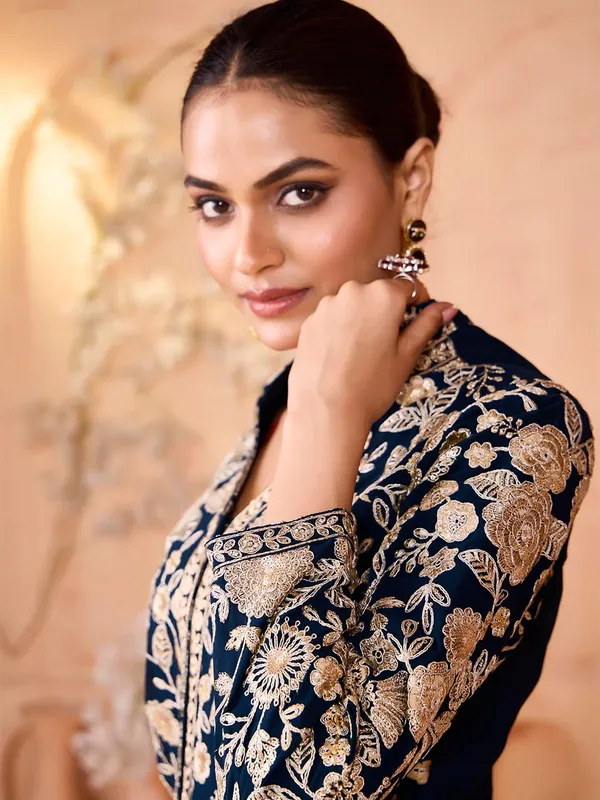 Dark_Blue_Rayon_Embroidered_Sharara_Suit_For_Women