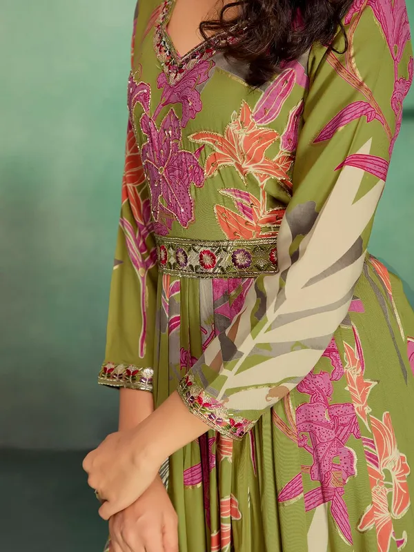 Green_Rayon_Hand_Embroidery_Printed_Long_Gown_For_Women