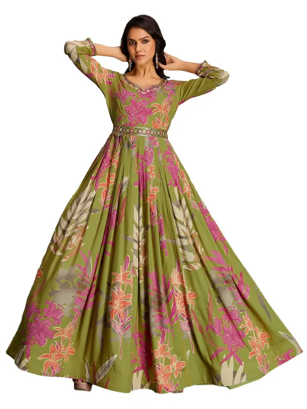 Green_Rayon_Hand_Embroidery_Printed_Long_Gown_For_Women