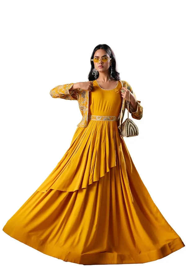 Yellow_Rayon_Printed_Embroidered_Gown_Set_For_Women
