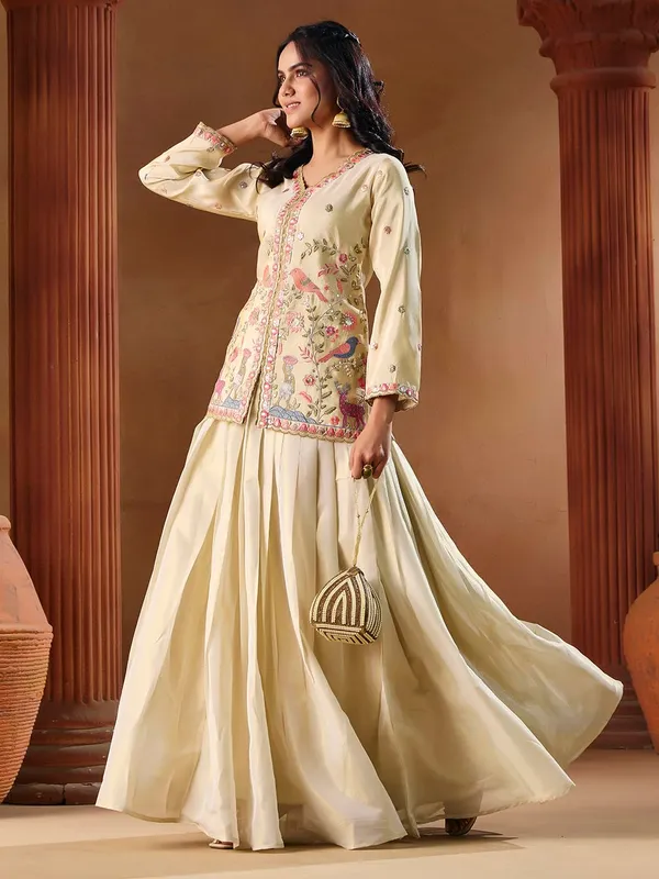 Off_White_Shimmer_Embroidered_V-Neck_Top_Skirt_Set_For_Women