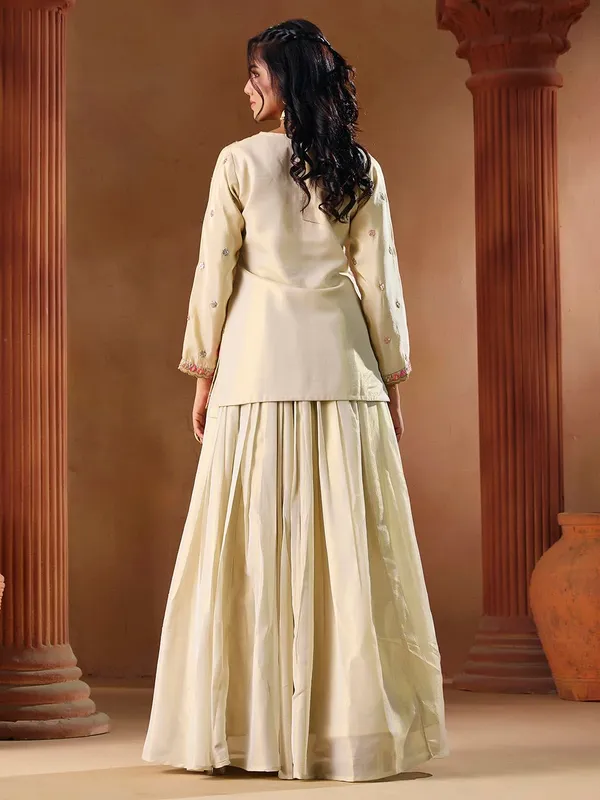 Off_White_Shimmer_Embroidered_V-Neck_Top_Skirt_Set_For_Women