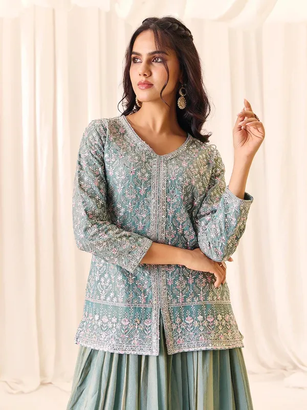 Green_Vatican_Silk_Embroidered_V-Neck_Top_Skirt_Set_For_Women