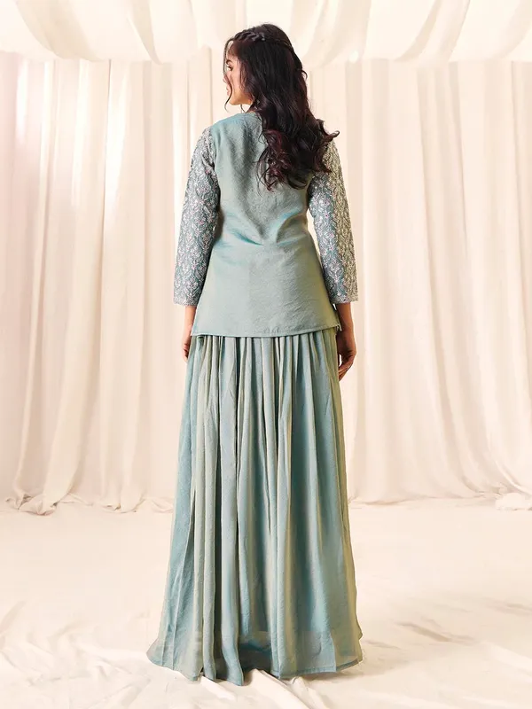 Green_Vatican_Silk_Embroidered_V-Neck_Top_Skirt_Set_For_Women