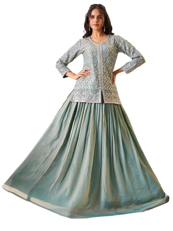 Green_Vatican_Silk_Embroidered_V-Neck_Top_Skirt_Set_For_Women