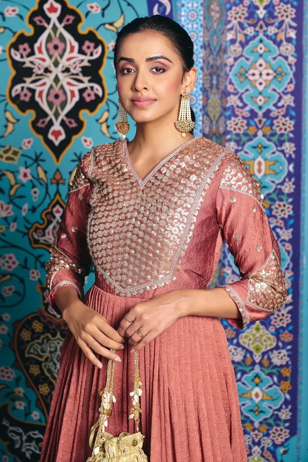 Rust_Rayon_Flared_Embroidered_Kurti_Set_For_Women