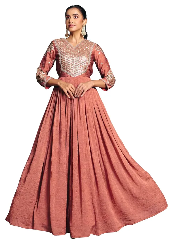 Rust_Rayon_Flared_Embroidered_Kurti_Set_For_Women