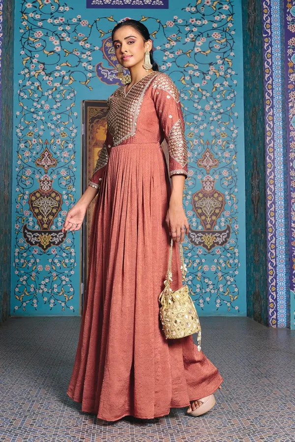 Rust_Rayon_Flared_Embroidered_Kurti_Set_For_Women