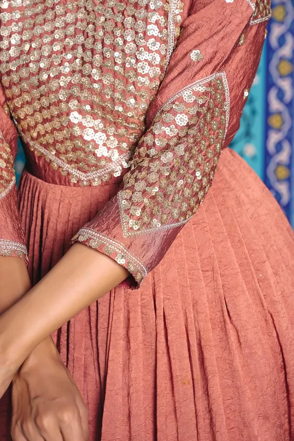 Rust_Rayon_Flared_Embroidered_Kurti_Set_For_Women