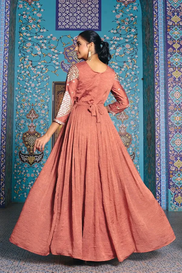 Rust_Rayon_Flared_Embroidered_Kurti_Set_For_Women