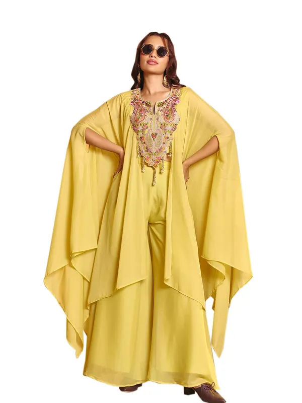Yellow_Georgette_Embroidered_Kaftan_Choli_Palazzo_Set_For_Women