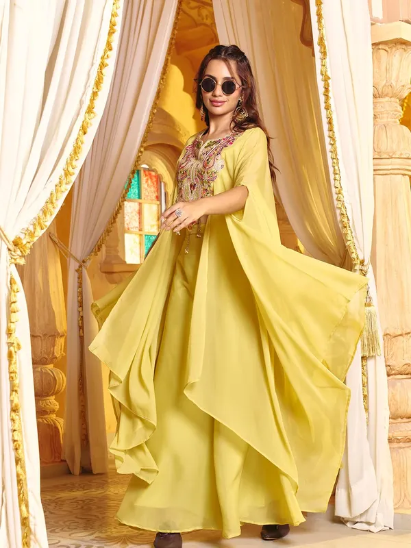 Yellow_Georgette_Embroidered_Kaftan_Choli_Palazzo_Set_For_Women